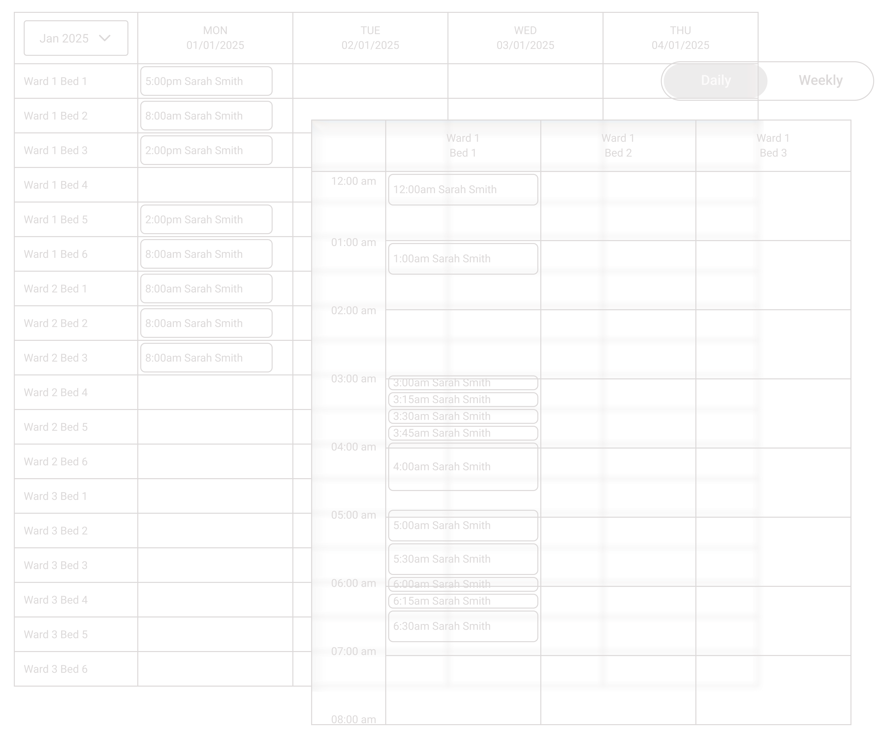Location bookings wireframe showing weekly and daily views