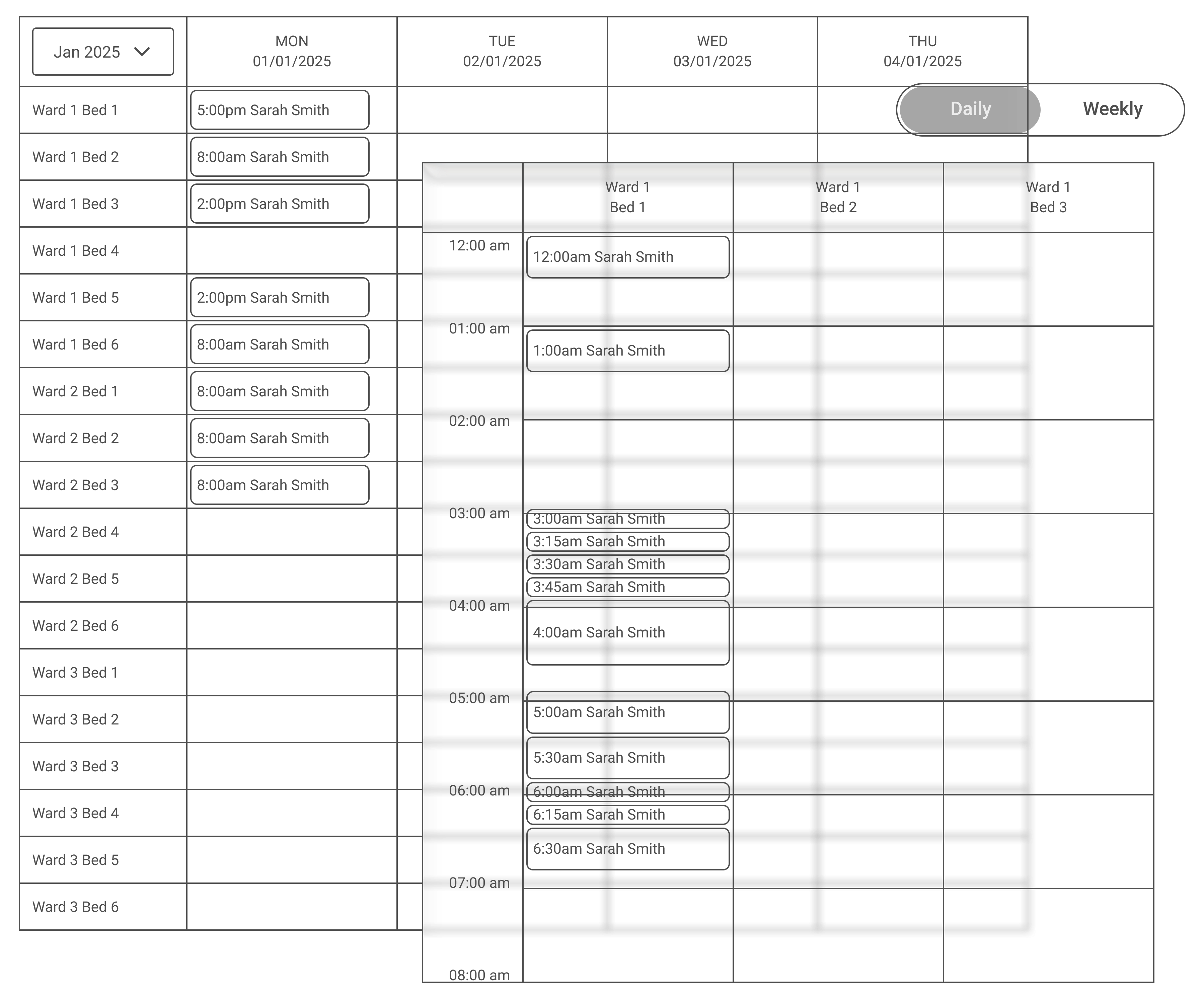 Location bookings wireframe showing weekly and daily views