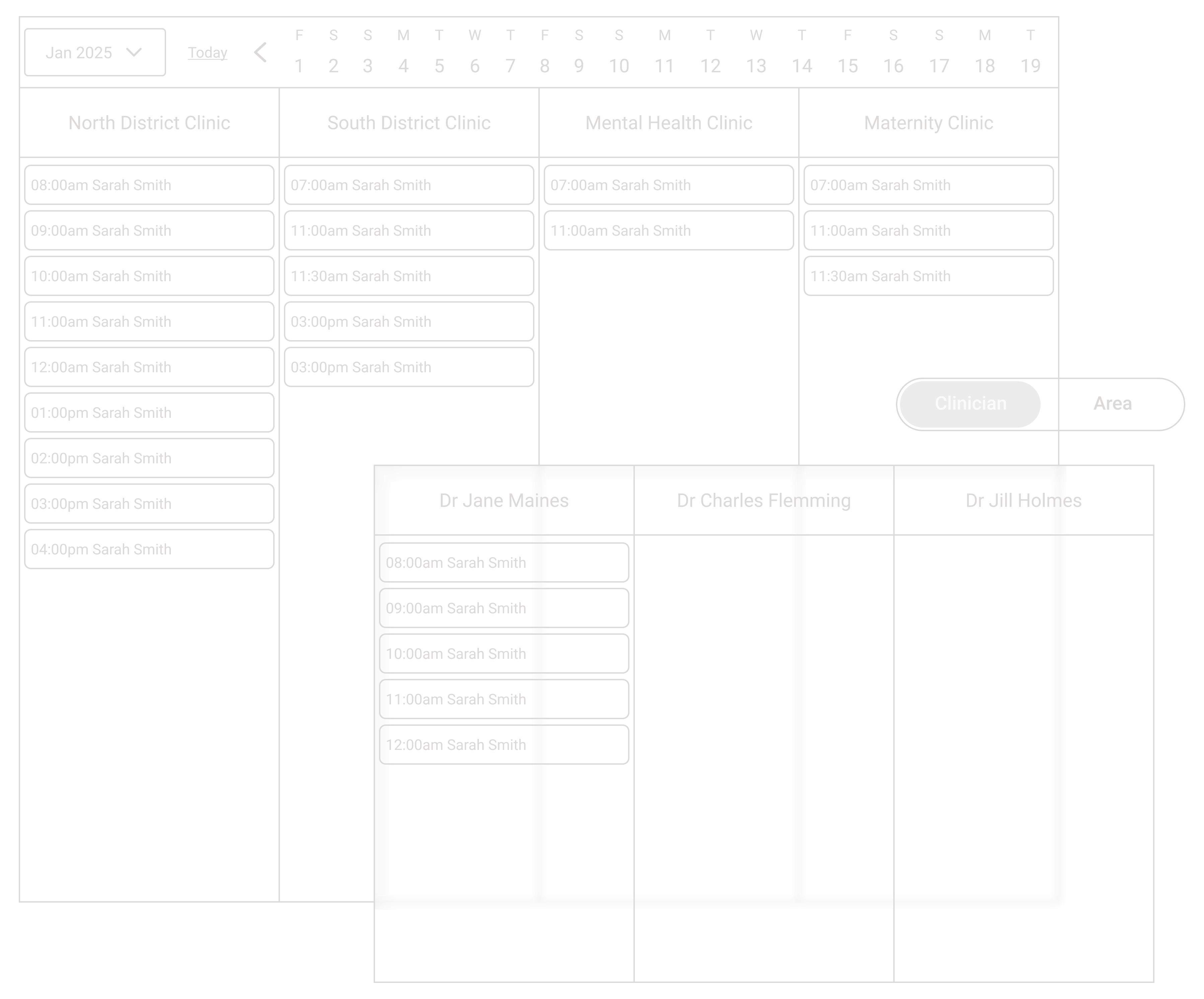 Outpatient appointments wireframe showing clinic and clinician views