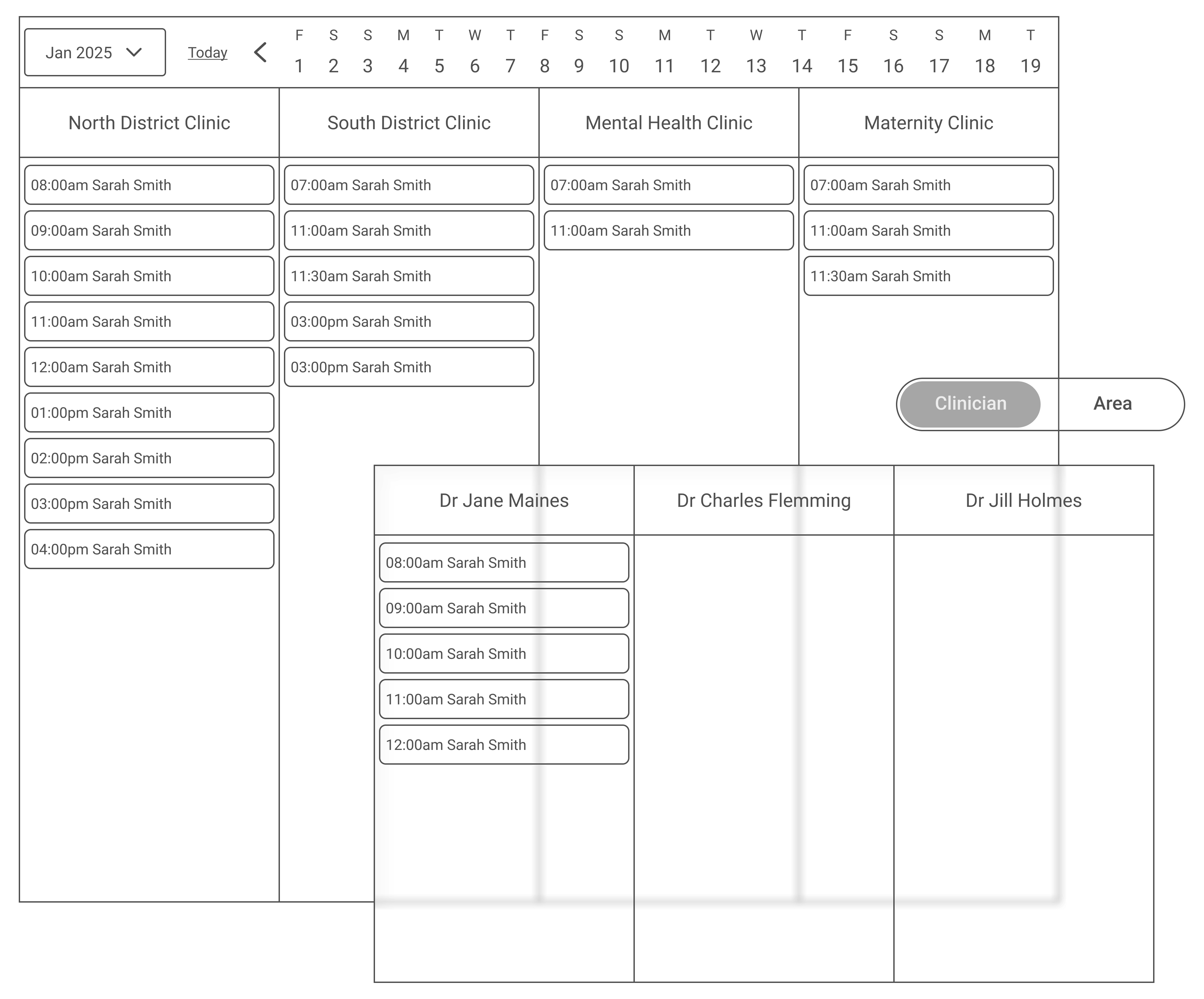 Outpatient appointments wireframe showing clinic and clinician views